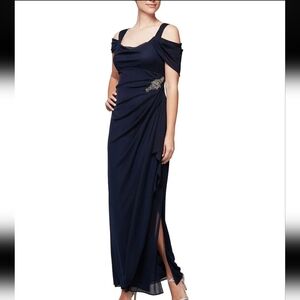 Alex Evenings | Cold Shoulder Cowl Neck Side Brooch Navy Blue Gown Size 12